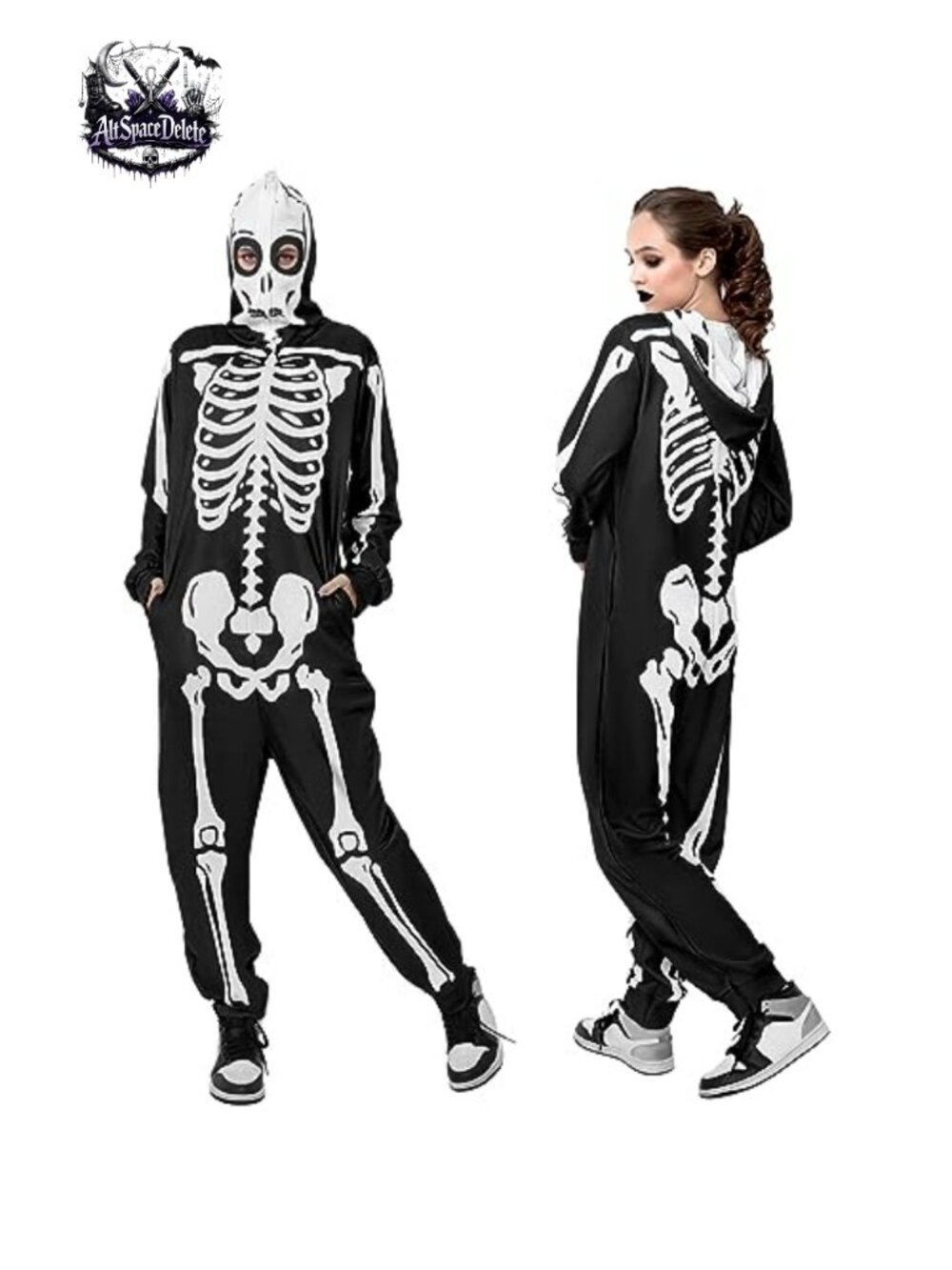 Skeleton Onesie Adult Halloween Costume Hooded Jumpsuit Zip Front Pockets